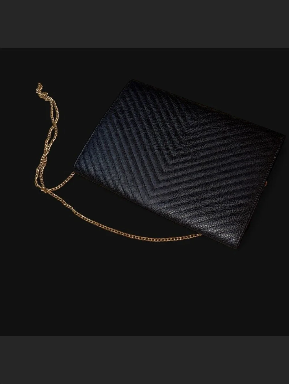 Black Quilted Envelope Crossbody Bag with Gold Chain and Tassel 8 x 11